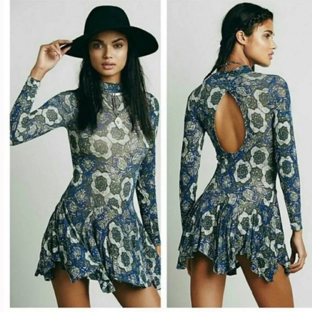 Free People Annabelle Mock Neck Tunic Dress in Cobalt Blue and Green Size Small - Picture 6 of 11